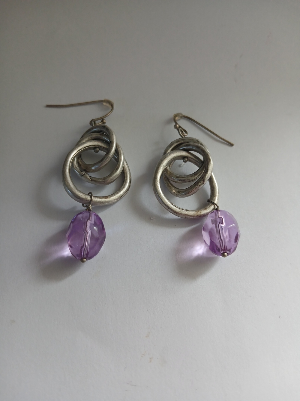 Silver Loop Drop Earrings with Lavender Bead - Women Jewelry
